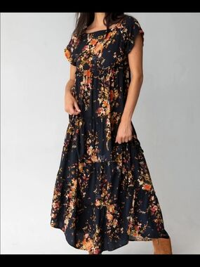 Floral Tiered Maxi Dress in Black with Orange Accents